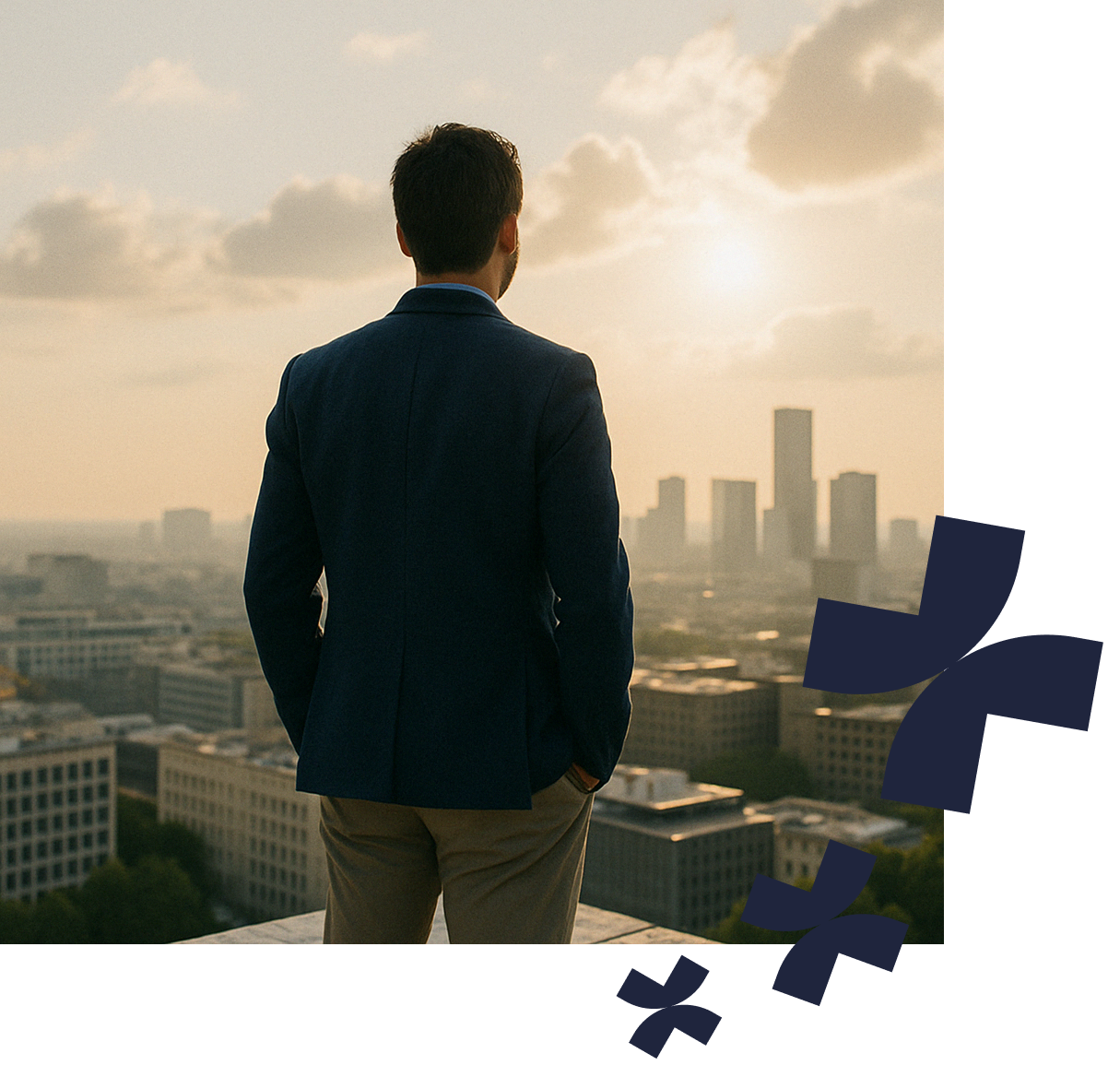 Homme sur le toit d'un bâtiment de dos qui regarde la ville et l'horizon lors d'un couché de soleil.