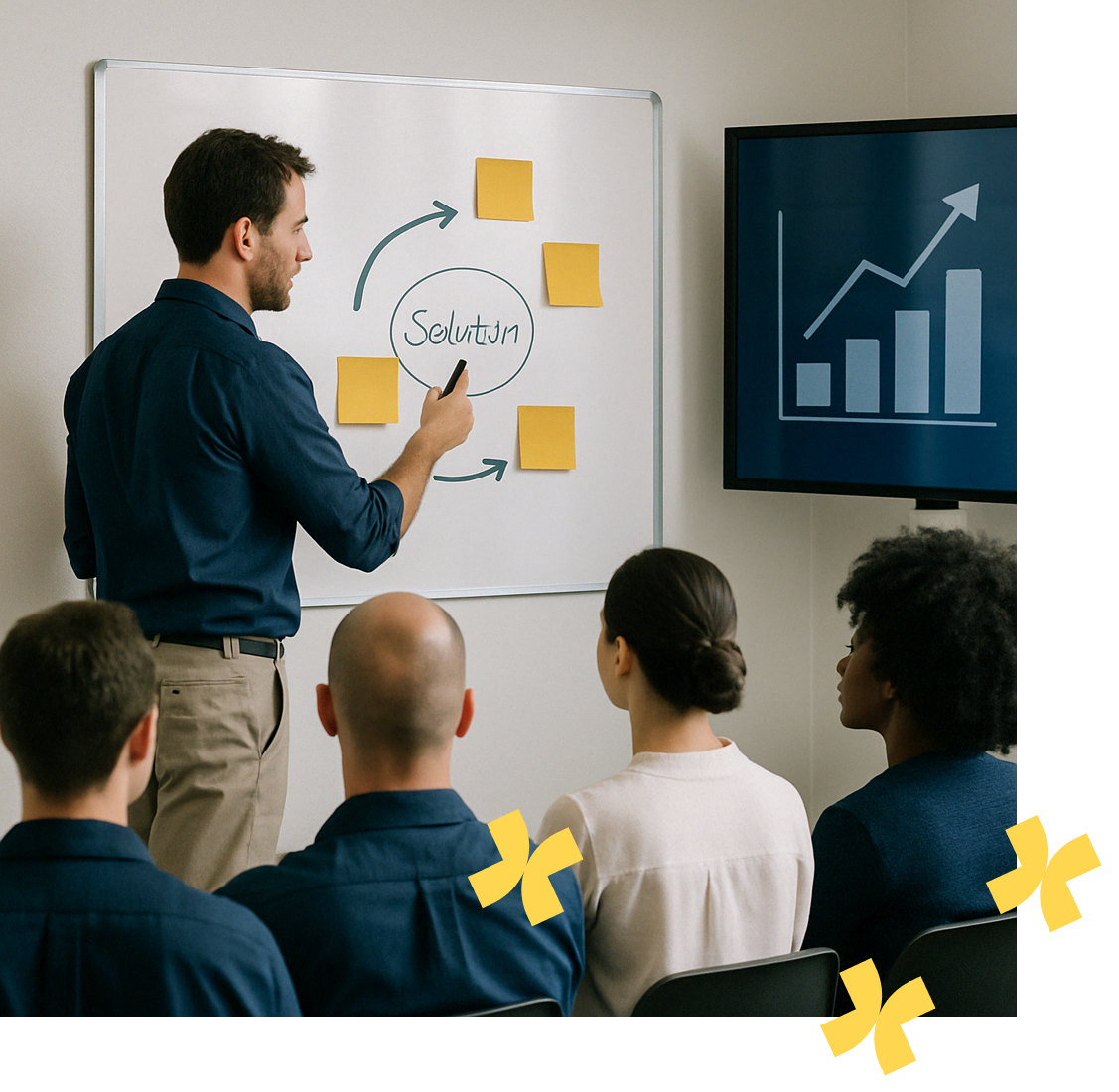 une personne animant un atelier, devant un tableau blanc ou des post-its, avec un groupe attentif. En arrière-plan, un graphique stratégique.